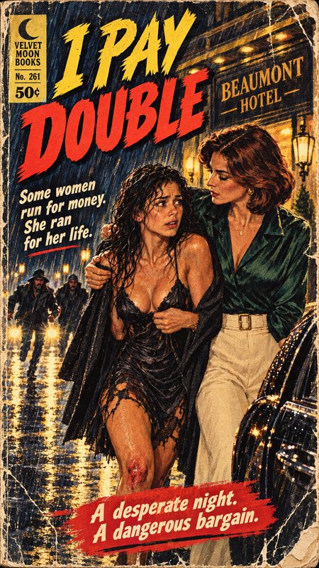 Vintage pulp fiction thriller cover showing two women fleeing pursuers outside a hotel on a rainy night