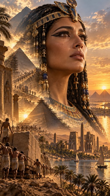 Double exposure portrait of an ancient Egyptian queen layered over pyramid construction at golden sunset