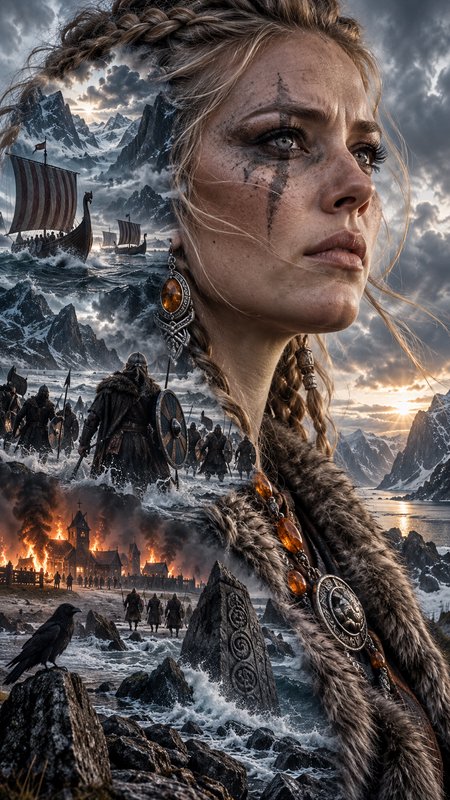 Surreal double exposure portrait of a viking shieldmaiden layered over norse battle and voyage scenes