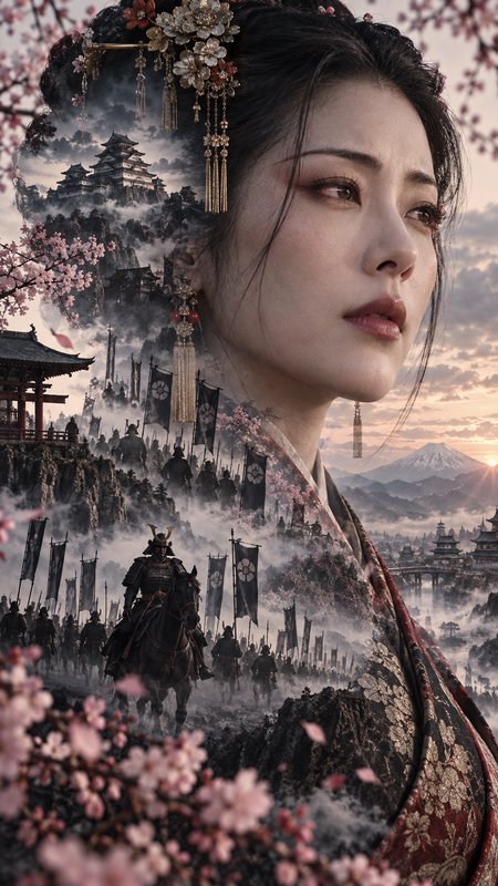 Double exposure portrait of a Japanese noblewoman layered with samurai armies, castles, cherry blossoms, and Mount Fuji at