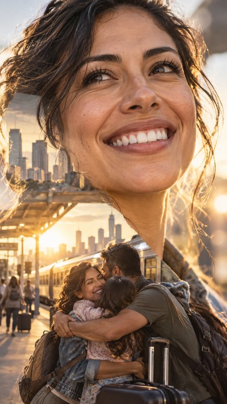 Double exposure artwork of a smiling woman over a family reunion hug at a golden hour train station