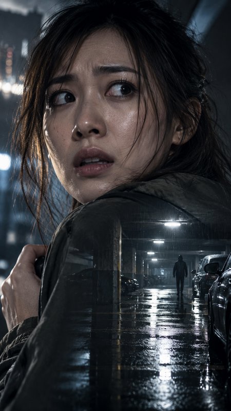 Frightened woman glancing over her shoulder as a hooded stalker follows her in a rainy parking garage