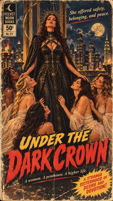Vintage pulp fantasy book cover showing a crowned queen surrounded by adoring women under a full moon city skyline