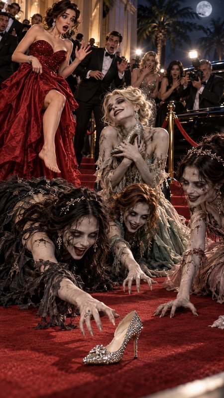 Undead zombie women lunge for a crystal stiletto on a red carpet as shocked gala onlookers react