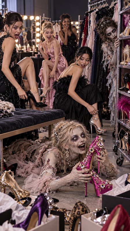 Undead zombie women admire jeweled stilettos as shocked formal models look on from a fashion show backstage