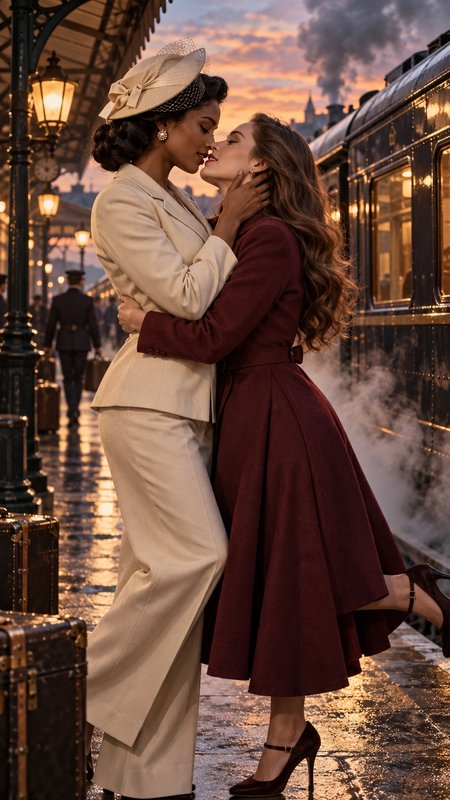 Two women in vintage 1940s attire share a tender kiss on a steam railway station platform at sunset