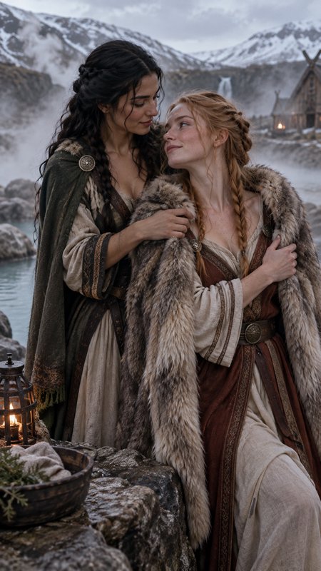 Two affectionate viking women in fur-lined period clothing share a tender moment by a misty mountain hot spring