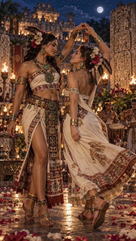 Two women in traditional Maya attire dance together at a moonlit ancient temple festival