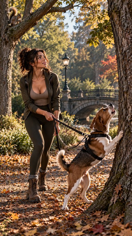 Woman walking her beagle looks up at a squirrel perched in an autumn park tree