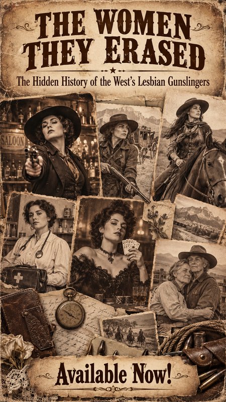 Aged vintage collage poster covering the hidden erased history of old west lesbian gunslingers