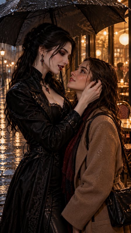 Gothic vampire holds an umbrella while gazing intimately at her partner on a rainy city sidewalk