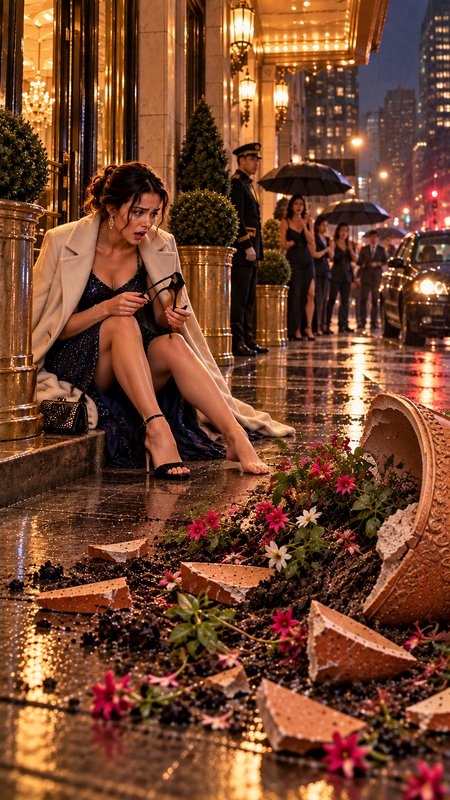 Shocked woman in formal evening wear sits on a hotel curb beside a broken planter spilled on wet rainy pavement