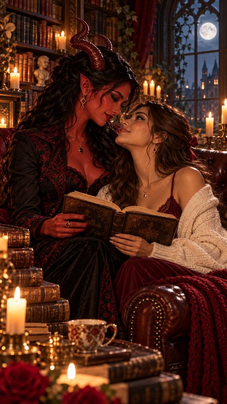 Horned red tiefling and her human partner share a tender intimate moment reading in a candlelit moonlit gothic library