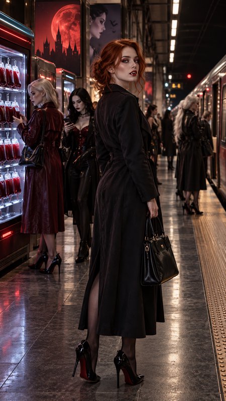 Red-haired vampire woman glances over her shoulder waiting on a moody night subway platform