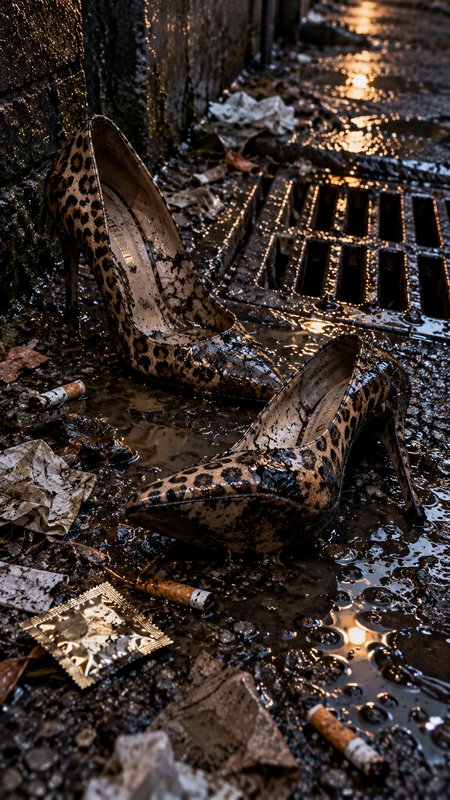 Mud-caked leopard print stiletto heels abandoned in a wet grimy city alley gutter