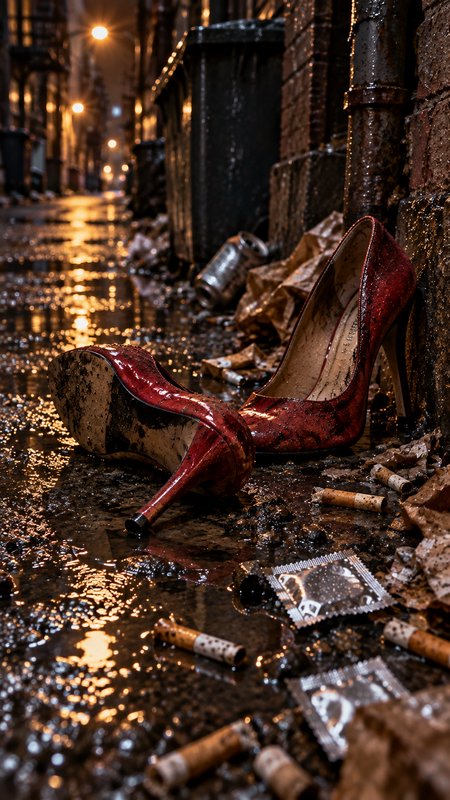 Muddy discarded red stiletto heels rest in a littered wet urban back alley after dark
