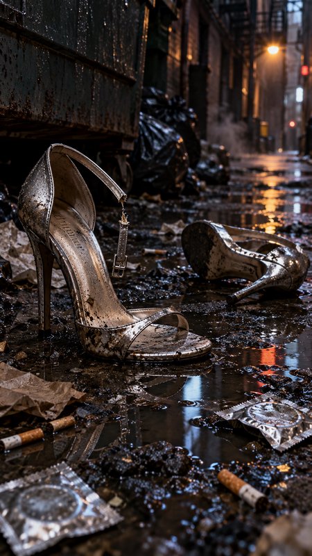 Muddy discarded silver stiletto heels lie in a rain-soaked grimy urban alley at night