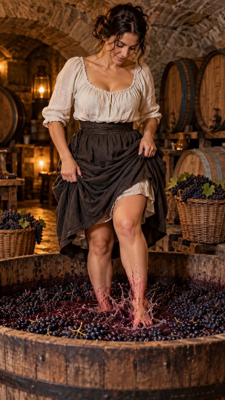 Woman stomps purple grapes by foot in a large wooden barrel inside a rustic stone wine cellar