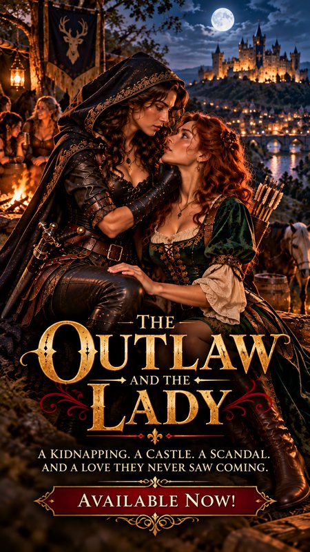 Queer medieval romance book cover showing a hooded outlaw and lady gazing tenderly at each other by a moonlit campfire