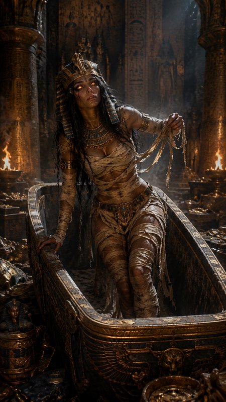 Reanimated undead Egyptian mummy queen rising from a gilded sarcophagus in a torch-lit ancient tomb