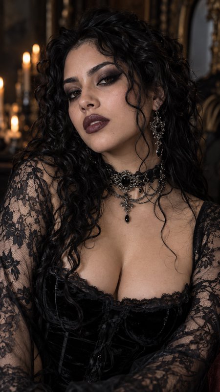 Gothic woman with curly black hair poses in black lace and onyx jewelry by candlelight
