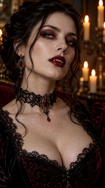 Regal gothic vampire woman with fangs and ruby jewelry posed by flickering candlelight