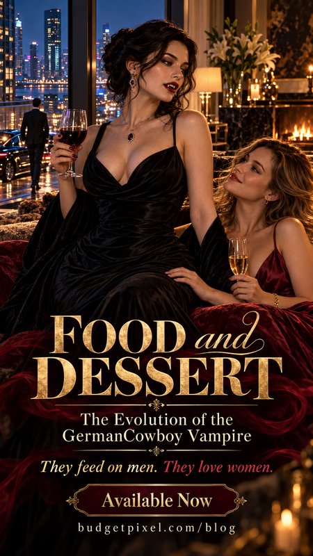 Paranormal romance book cover of two elegant vampire women holding wine glasses in a luxury high-rise penthouse