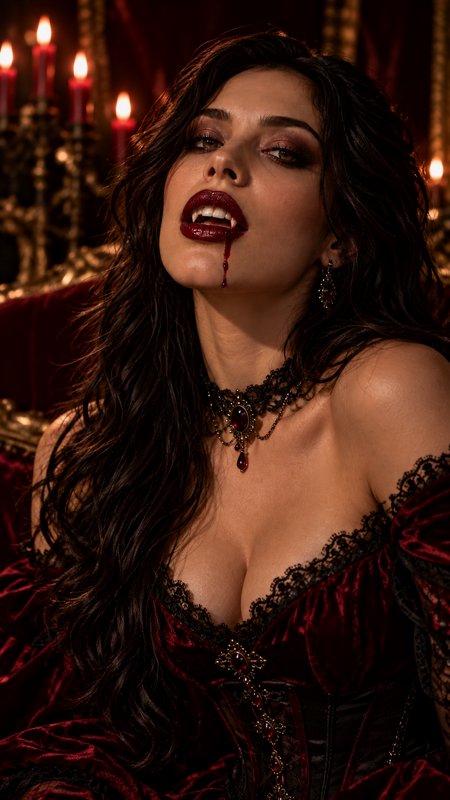 Gothic female vampire with fangs, blood dripping from her lip, sits before glowing lit candelabras