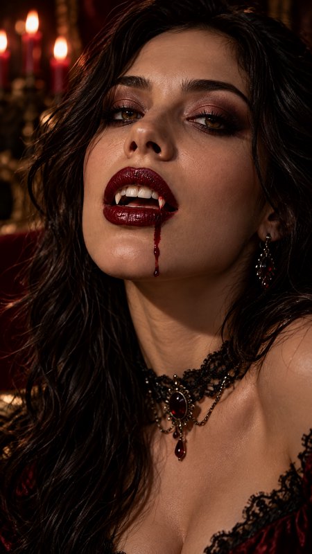 Close-up portrait of a female vampire with fangs, blood dripping from her lip, lit by warm candlelight