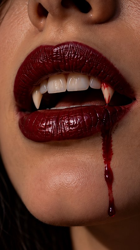 Close-up of glossy dark red vampire lips with fangs, blood dripping from one fang down the chin