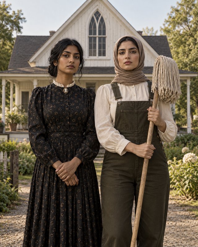 Two South Asian women in period pioneer attire stand in front of a white Gothic farmhouse, one holding a mop.