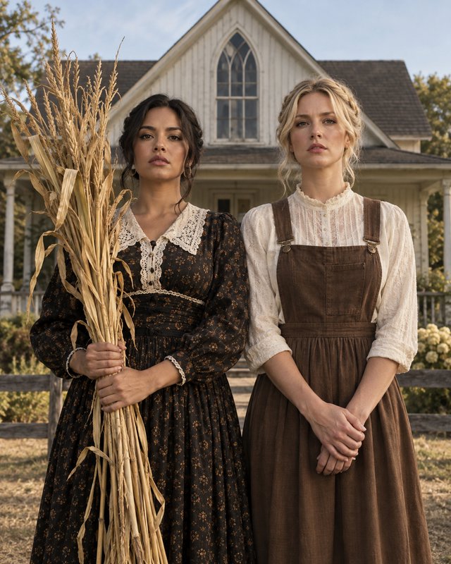 Two pioneer women stand side by side outside a rural Gothic farmhouse, one holding a bundle of dried corn stalks.