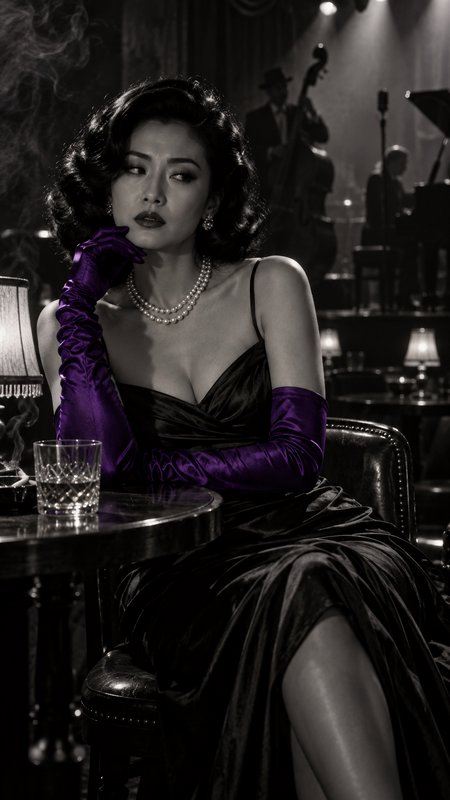 Glamorous pensive film noir woman in purple gloves sits at a dim 1940s jazz club table