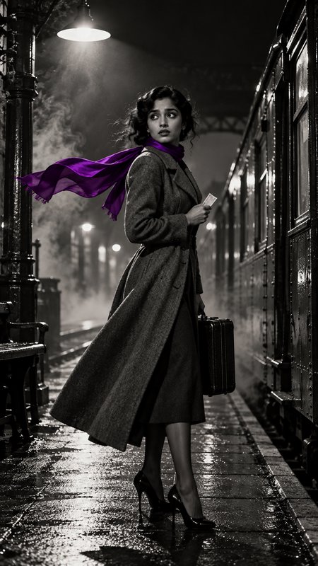 Woman with a flowing purple scarf stands on a foggy night train platform holding a suitcase and ticket