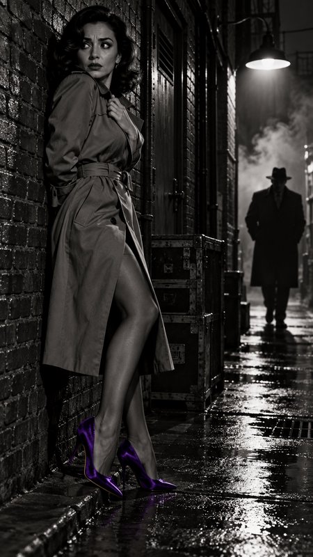 Tense woman in a trench coat hides in a wet foggy alley as a silhouetted fedora-wearing man approaches