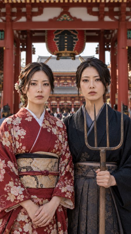 Two women in traditional kimono stand side by side before a historic Japanese temple gate
