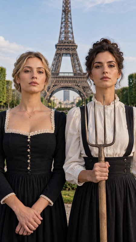 Two resolute women in vintage period dress stand before the Eiffel Tower, one holding a rustic pitchfork