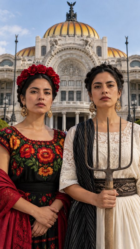 Two women in traditional Mexican attire stand side by side in front of Mexico City's Palacio de Bellas Artes