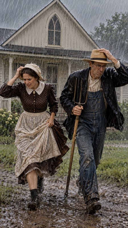 19th century farm couple trudge through heavy rain and mud outside a Gothic revival rural farmhouse, the man holding a