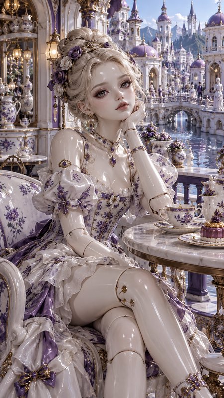 Porcelain ball-jointed doll in an ornate purple rococo gown sits at a waterside tea table overlooking a fantasy canal palace