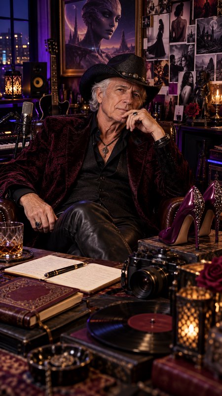Thoughtful older man in a studded cowboy hat sits in a cluttered, moody creative studio at twilight