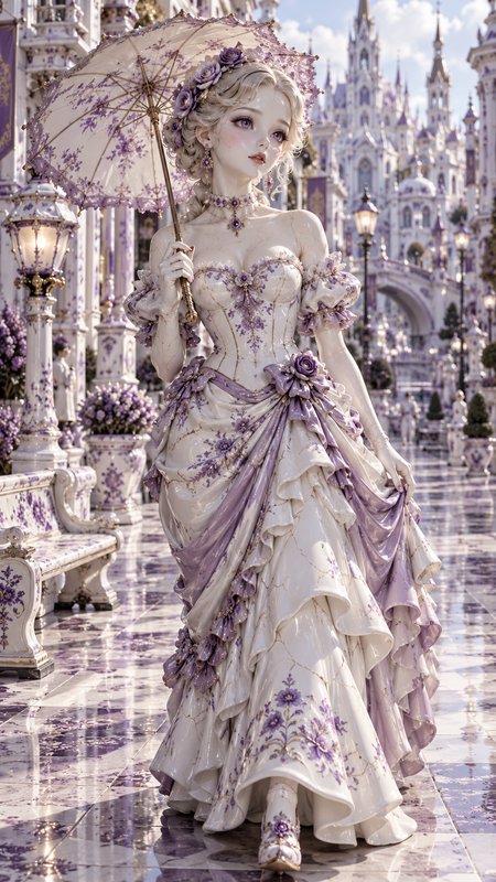 Porcelain rococo lady in a lilac embroidered gown holds a lace parasol in a sunlit fantasy palace courtyard