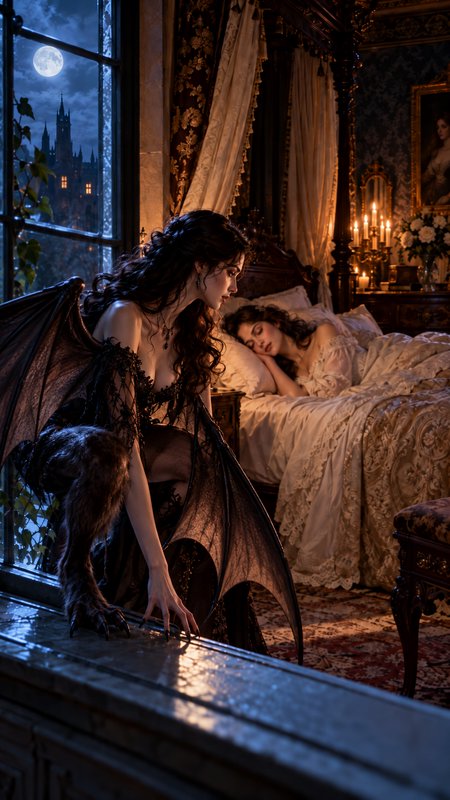 Winged gothic creature perches on a window ledge watching a sleeping woman in a moonlit castle bedroom