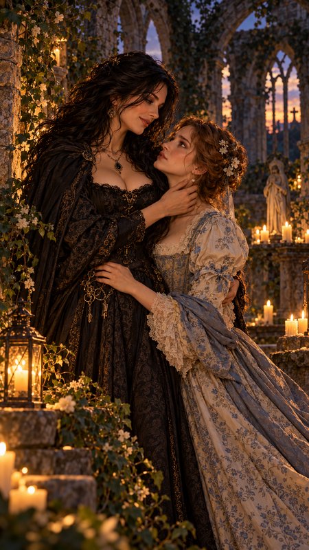 Two women in elaborate period gowns share a tender embrace in a candlelit overgrown gothic abbey ruin at sunset