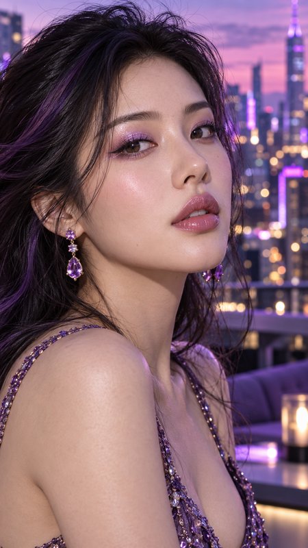 Glamorous woman with purple streaked hair poses on a city rooftop at dusk wearing sparkling amethyst jewelry