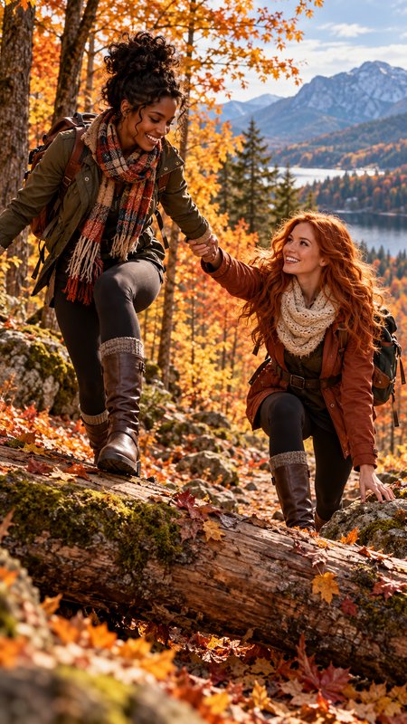 Two female hikers hold hands to cross a fallen log on a scenic autumn mountain trail