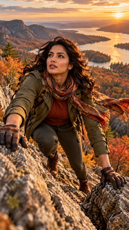 Woman hiker climbing a rocky summit overlooking an autumn mountain lake at golden sunset