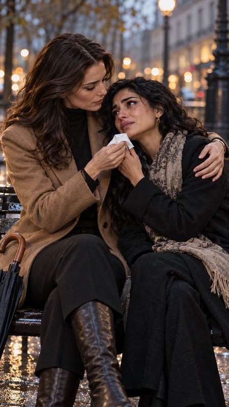 A woman comforts her crying friend sitting on a wet city bench at dusk