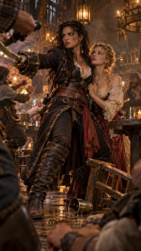 Fierce female pirate brandishes a cutlass to defend her companion during a chaotic tavern brawl