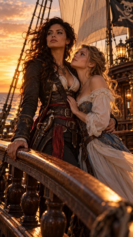 Female pirate captain embraces her companion on a pirate ship deck at golden ocean sunset